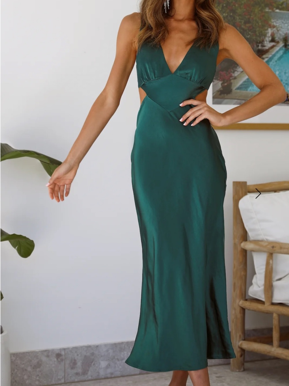 Hello Molly Emerald Green Satin Midi Dress with Cutouts